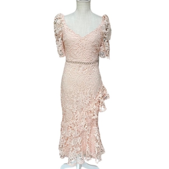 Lulus Briarwood Blush Pink Lace Ruffled Midi Dress M7. - Picture 10 of 16